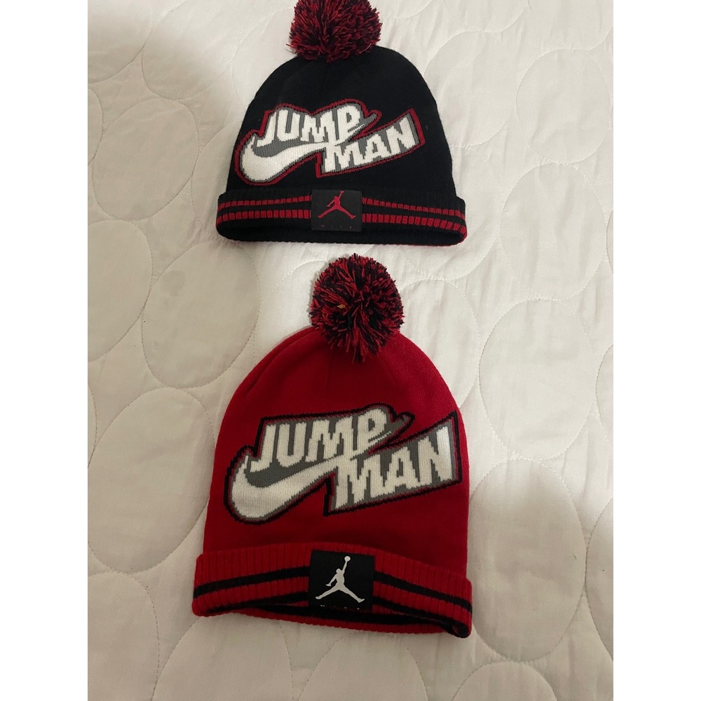 Lot of 2Jordan Jumpman Youth Beanie Hat Set Red Black Knit Pom Pom 0598-R78